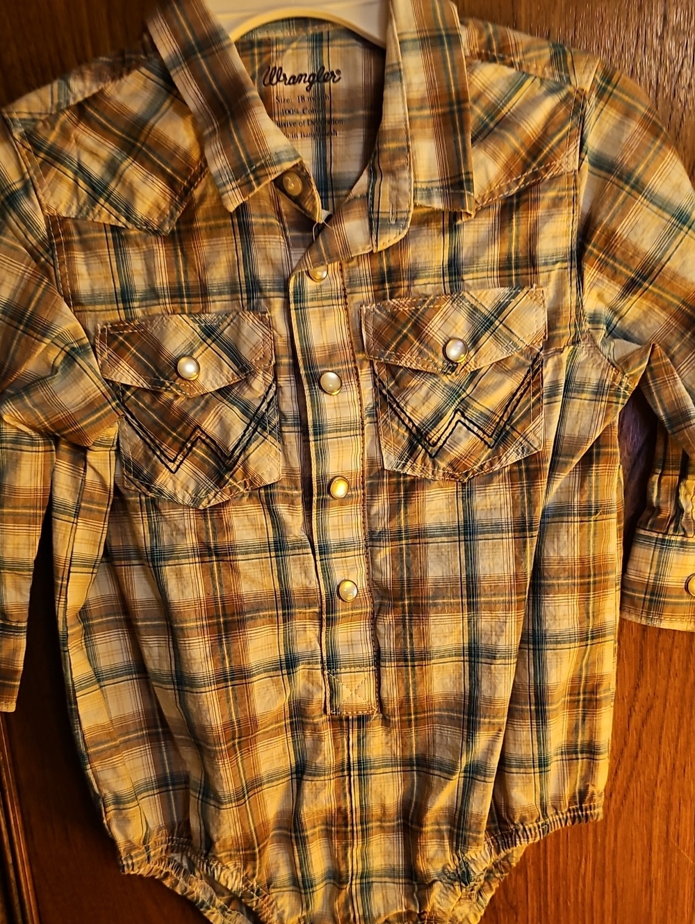 Wrangler Brown And Teal Plaid Pearl Snap Onesie